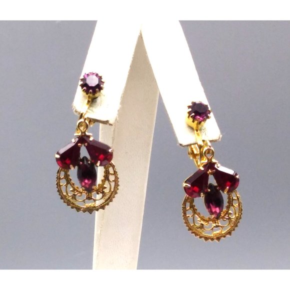 Vintage Filigree Dangle Earrings with Deep Red and Purple Teardrop Crystals - Picture 1 of 4